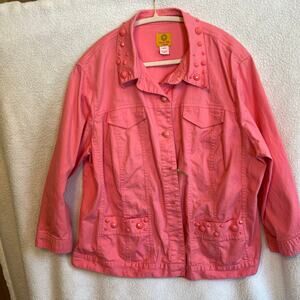 Ruby Rd pink hand beaded button front long sleeve shirt with pockets